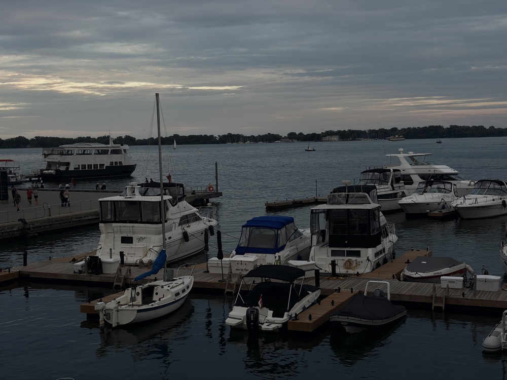 Boats moored at a marina beneath an evening sky